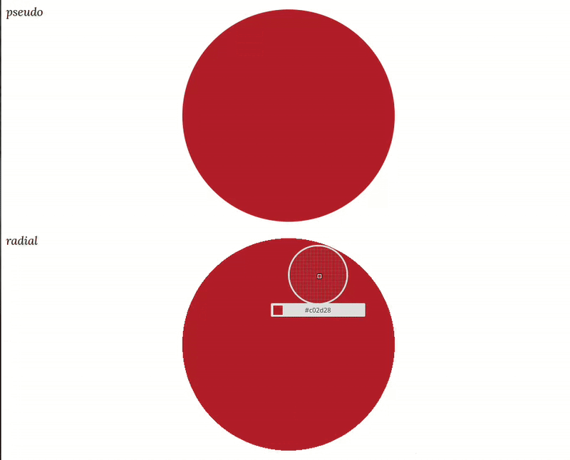 Animated GIF. Shows the pseudo disc at the top and the radial-gradient() one at the bottom. Zooming in at pixel level in the edge area for both shows us we have a sharp transition from our brick red to transparent in the radial-gradient() case. However, in the pseudo case, anti-aliasing means we have semi-transparent pixels smoothing the transition from brick red to transparent.