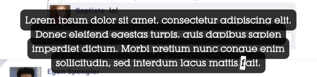 Screenshot showing three lines of text, middle aligned, each with its own semitransparent background and padding. The padding on each line leads to intersection, and where we have intersection, the semi-transparent background becomes more opaque. The challenge is to get this result without the increase in alpha in the intersection areas.