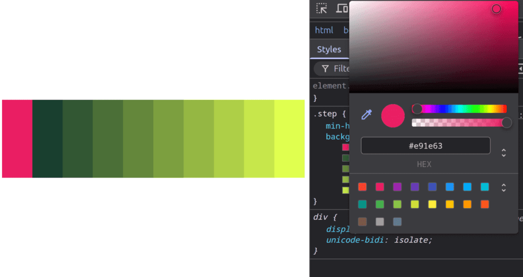 Screenshot showing the Sass code that generates the steps and the visual result. On the right, a DevTools panel is open and we're modifying the first step in the compiled code the browser can see, but this doesn't change the Sass-generated intermediate ones.
