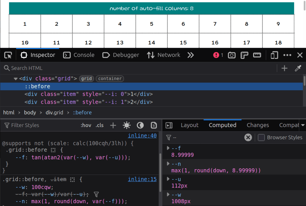 Screenshot of browser developer tools showing a grid layout with items numbered from 1 to 18. The grid has a header indicating the number of auto-fill columns, which is 8. The inspector highlights CSS variables related to grid sizing.