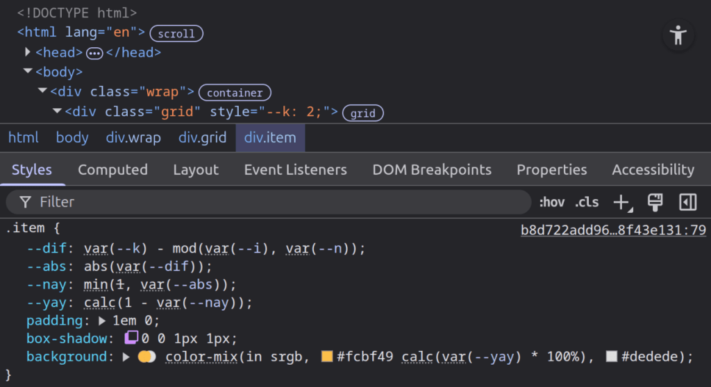 A code snippet from a web developer's browser console showcasing CSS rules for items in a grid layout, including custom properties for styling.