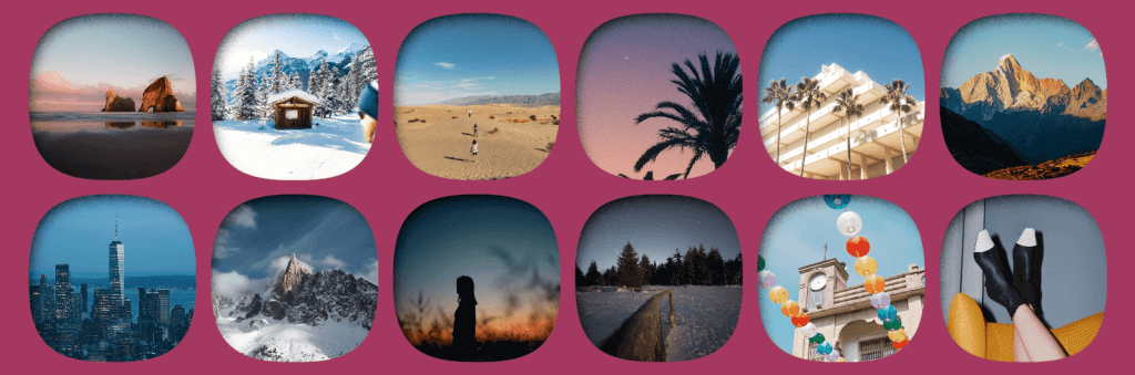 A grid of squircle-shaped images with grainy inner shadows that also have a spread.