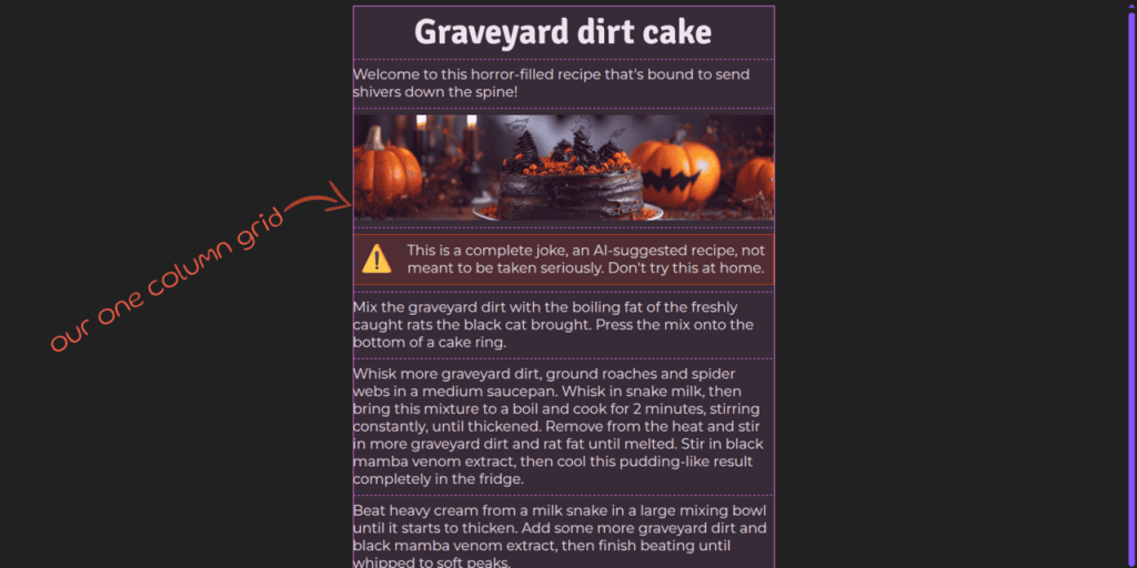 Screenshot. Shows a middle aligned grid with a single column and multiple rows, something that's highlighted by the DevTools-enabled grid overlay.