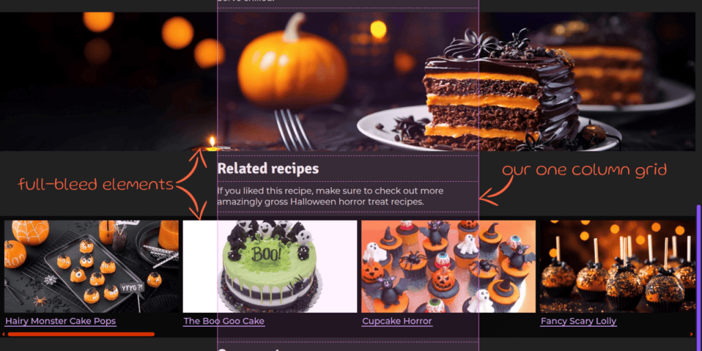 Screenshot. Shows a middle aligned grid with a single column and multiple rows, something that's highlighted by the DevTools-enabled grid overlay. On some of these rows, we have full-bleed elements that expand all across the entire available page width (the viewport width minus any vertical scrollbars we might have).