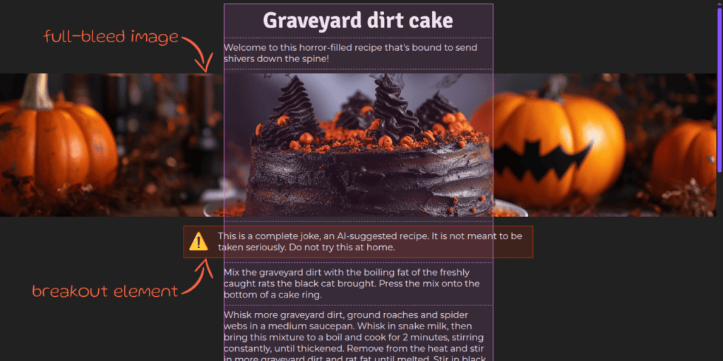 Screenshot. Shows a middle aligned grid with a single column and multiple rows, something that's highlighted by the DevTools-enabled grid overlay. On some of these rows, we have full-bleed images that expand all across the entire available page width (the viewport width minus any vertical scrollbars we might have). On others, we have breakout boxes that expand laterally outside their grid cells, but are not wide enough to be full-bleed.