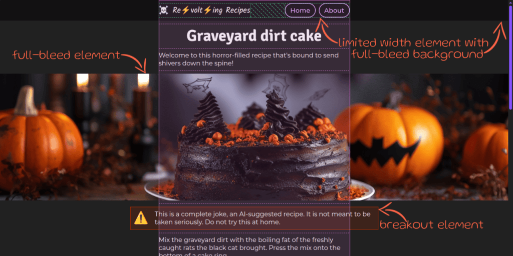 Screenshot. Shows a middle aligned grid with a single column and multiple rows, something that's highlighted by the DevTools-enabled grid overlay. On the very first row, we have a limited width header with a solid full-bleed mono background. On other rows, we have full-bleed elements that expand all across the entire available page width (the viewport width minus any vertical scrollbars we might have). On other rows, we have breakout boxes that are not the same width as their grid cells, but are not wide enough to be full-bleed.