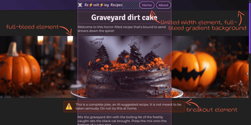Screenshot. Shows a middle aligned grid with a single column and multiple rows, something that's highlighted by the DevTools-enabled grid overlay. On the very first row, we have a limited width header with a solid full-bleed gradient background. On other rows, we have full-bleed elements that expand all across the entire available page width (the viewport width minus any vertical scrollbars we might have). On other rows, we have breakout boxes that are not the same width as their grid cells, but are not wide enough to be full-bleed.