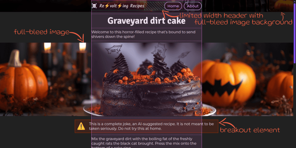 Screenshot. Shows a middle aligned grid with a single column and multiple rows, something that's highlighted by the DevTools-enabled grid overlay. On the very first row, we have a limited width header with a solid full-bleed image background. On other rows, we have full-bleed elements that expand all across the entire available page width (the viewport width minus any vertical scrollbars we might have). On other rows, we have breakout boxes that are not the same width as their grid cells, but are not wide enough to be full-bleed.