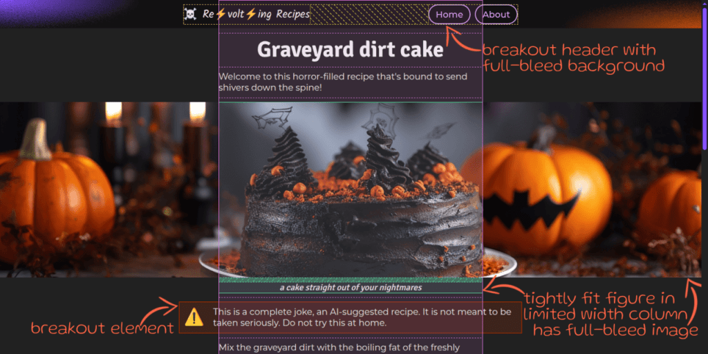 Screenshot. Shows a middle aligned grid with a single column and multiple rows, something that's highlighted by the DevTools-enabled grid overlay. This grid has a figure that is tightly fit inside its grid cell, but also has a full-bleed image spreading across the entire available horizontal space (the viewport width minus any vertical scrollbars) we might have. On other rows, we have full-bleed elements or breakout boxes (wider than their containing grid cells, but still not wide enough to be full-bleed on wide screens). We also have a combination that's a breakout header with a full-bleed background.