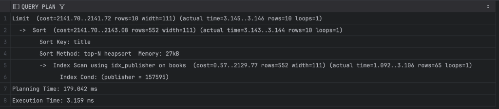 Execution plan displayed for a SQL query, includes cost, index conditions, number of rows, and execution time details.