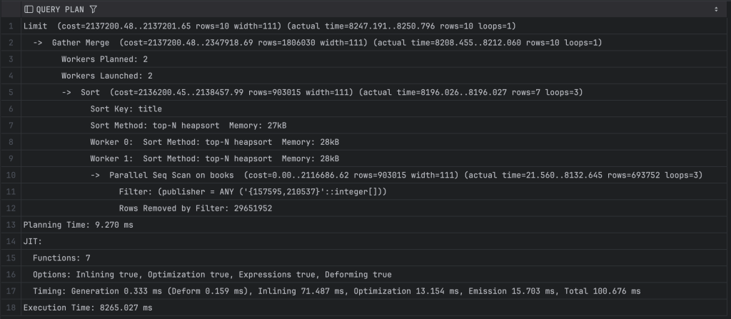 Query plan output from a PostgreSQL execution showing the execution strategy and performance metrics.