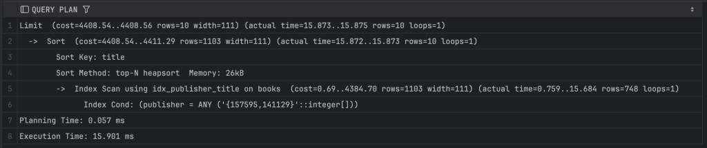 Query plan visualization showing execution details for a SQL command, including limit, sort key, and index scan operations with timing statistics.