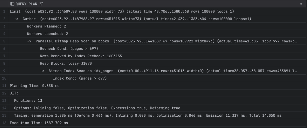 A screenshot of a query plan output showing execution details and performance metrics for a Postgres database query. Various steps of the query execution, including limit, gather, and bitmap heap scan, are listed with numerical values representing costs and actual time taken for each operation.