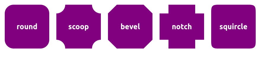 A graphic displaying different CSS corner shapes: 'round', 'scoop', 'bevel', 'notch', and 'squircle', each in a purple background with white text.