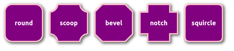 Five shapes with different corner styles labeled: round, scoop, bevel, notch, and squircle, all displayed on a purple background.