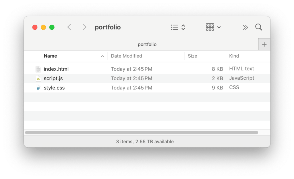 A file directory labeled 'portfolio' showing three files: index.html, script.js, and style.css, with their sizes and types displayed.