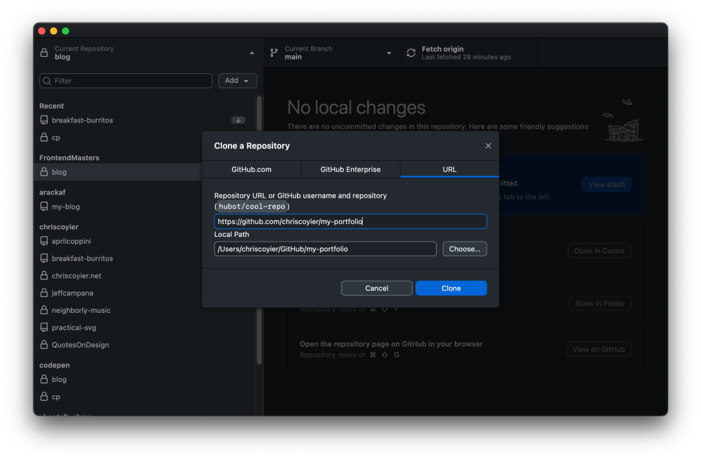 Screenshot of the GitHub Desktop app showing the 'Clone a Repository' dialog, with fields for the repository URL and local path.