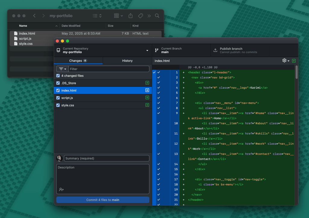 Screen displaying a GitHub Desktop application with a portfolio repository, showing files index.html, script.js, and style.css marked as changed, along with a code window for editing index.html.