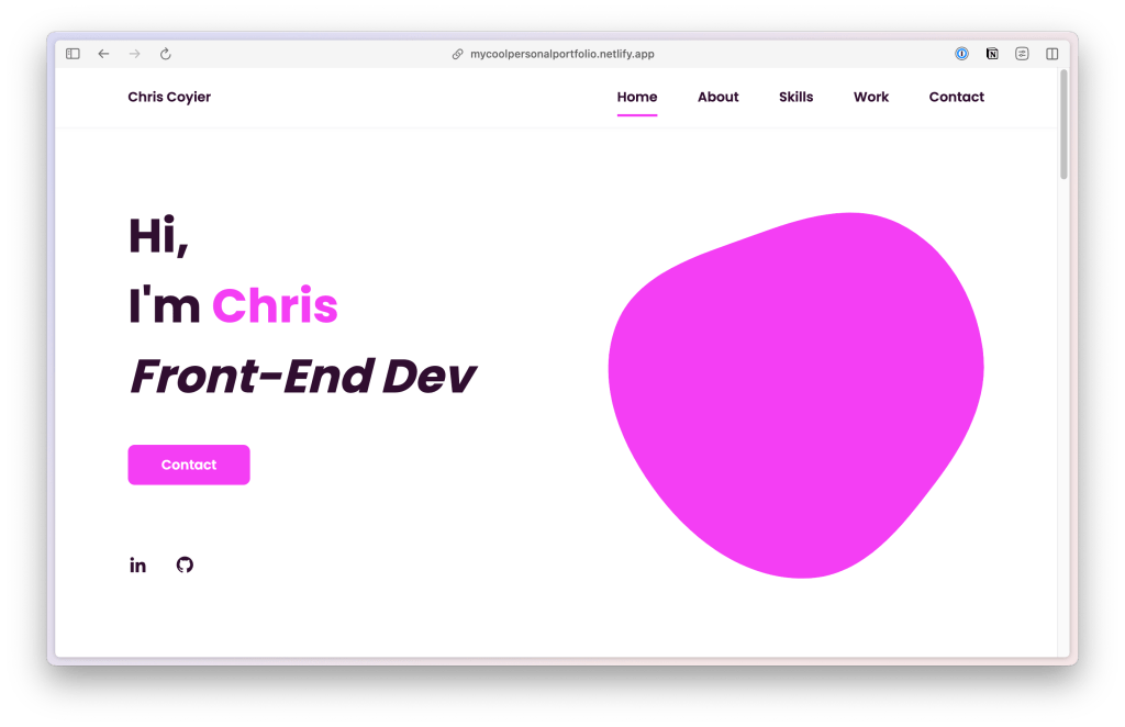 Screenshot of a portfolio website featuring the text 'Hi, I'm Chris Front-End Dev' with a pink button labeled 'Contact' and navigation links.