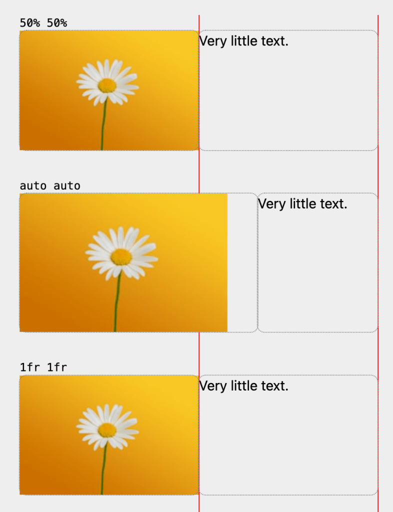 Screenshot showcasing three different grid layouts with two equal width columns labeled '50% 50%', 'auto auto', and '1fr 1fr'. Each layout includes an image of a flower and text indicating 'Very little text'.
