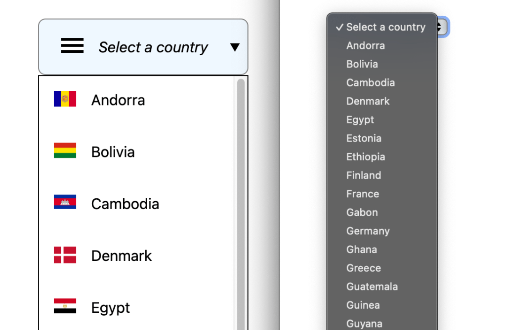 Screenshot of a customizable select menu with flags and country names in a dropdown format.