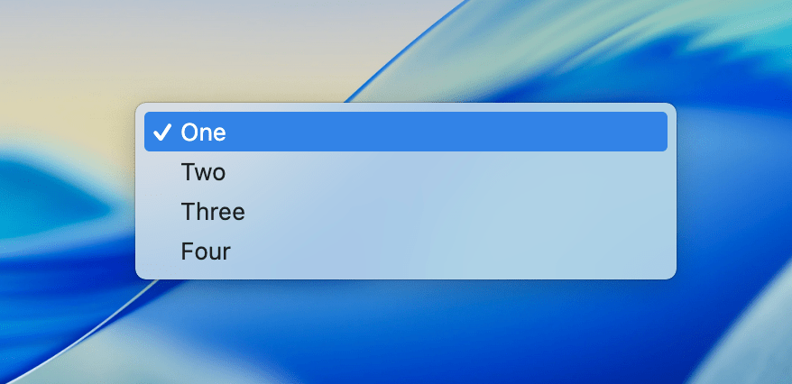 A custom select menu with a blurred glassy background featuring options: 'One' (selected), 'Two', 'Three', and 'Four'.