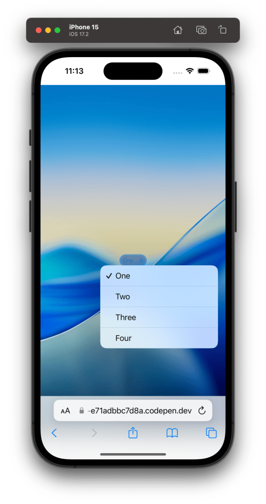 A close-up view of a customizable select dropdown menu on an iPhone 15, displaying options 'One', 'Two', 'Three', and 'Four' with a blue gradient background.